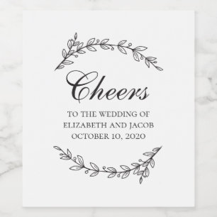 Svartvit elegant botaniskt blad/barr bröllop vinflaska etikett