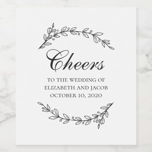 Svartvit elegant botaniskt blad/barr bröllop vinflaska etikett (Singel etikett)