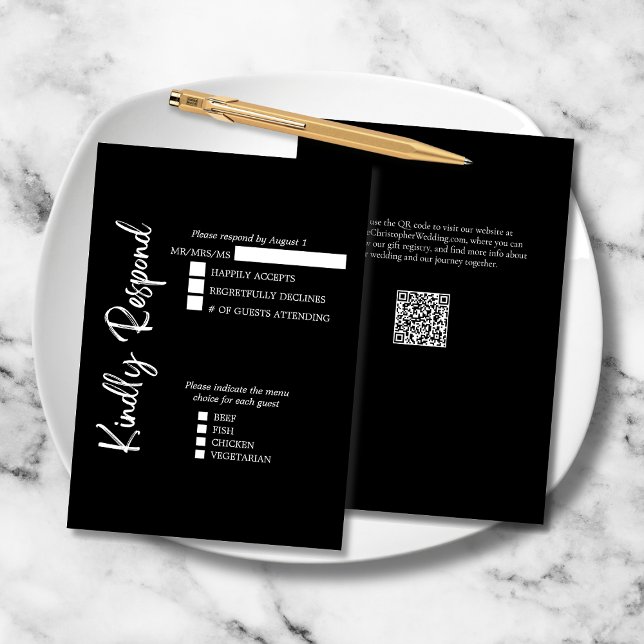 Svartvit Elegant Formellt fet Bröllop-skript med f OSA Kort (Black and White Elegant Kindly Respond Wedding RSVP Card with Menu Selections, QR Code, Website.)