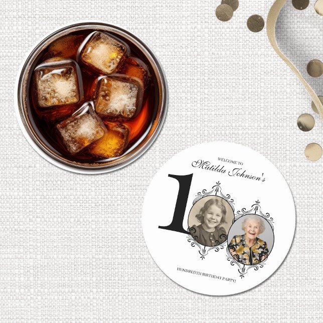 Svartvit Elegant - foto 100:e Födelsedagsfesten Underlägg Papper Rund (Black White Elegant Photo 100th Birthday Party Round Paper Coaster)
