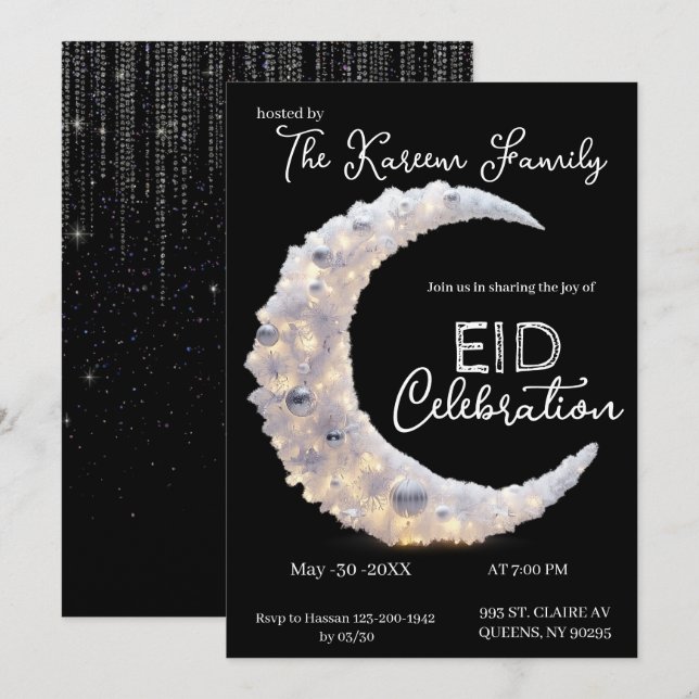 Svartvit elegant halvmåne Eid-fest inbjudan (Fram/baksida)