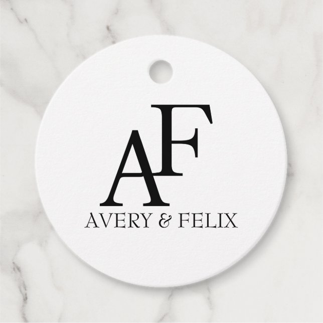 Svartvit Elegant i bröllop Monogram Gäst Gåvor Etiketter (Framsida)