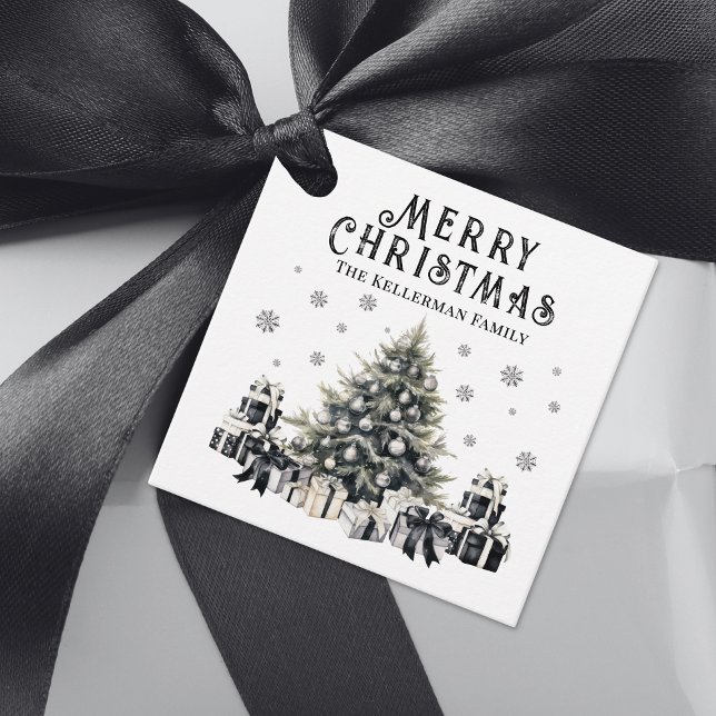 Svartvit Elegant Julgran Gåvor Etiketter (Black White Elegant Christmas Tree Favor Tags)