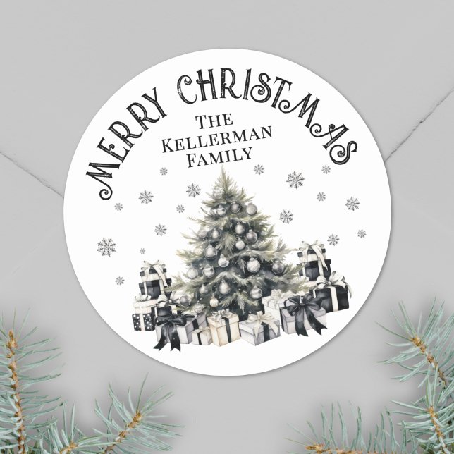 Svartvit Elegant Julgran Runt Klistermärke (Black White Elegant Christmas Tree Classic Round Sticker)
