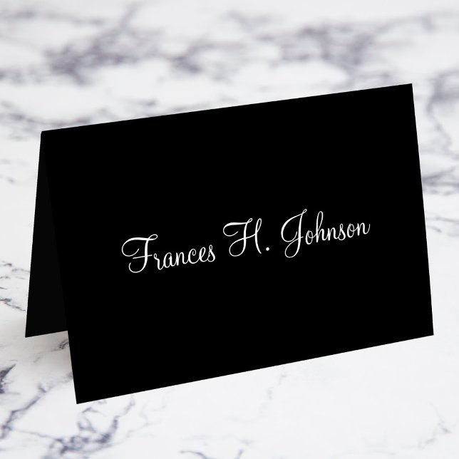Svartvit Elegant Kalligrafi Namn-platskort Bordsnummer (Fold Your Own Individual Place Cards)