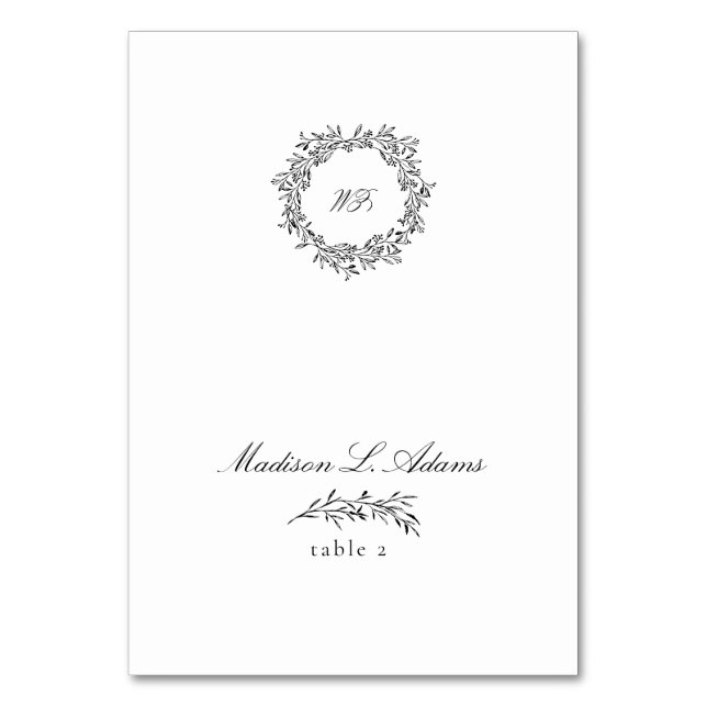 Svartvit Elegant Löv, Namn-monteringskort som kan  Bordsnummer (Framsidan)