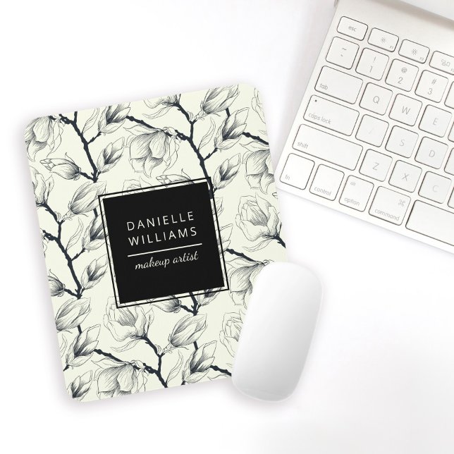 Svartvit Elegant Magnolia Botanical Musmatta (Personalize with your name and title or other desired text.)