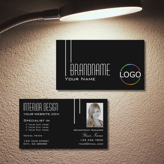 Svartvit elegant med Logotyp- och fotoProfessionel Visitkort (Skapare uppladdad)