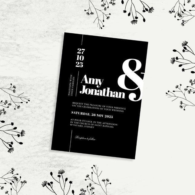 Svartvit Elegant minimalistisk typografi Bröllop Inbjudningar (Skapare uppladdad)