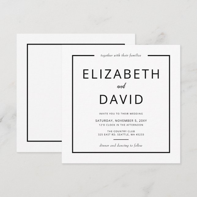 Svartvit Elegant Modern minimalistisk Bröllop Inbjudningar (Fram/baksida)