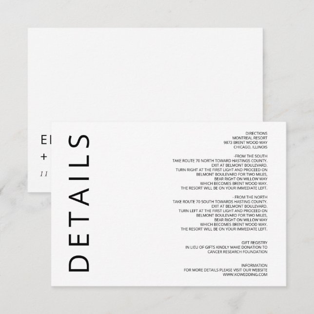 Svartvit Elegant Modern minimalistisk Bröllop Tilläggskort (Fram/baksida)