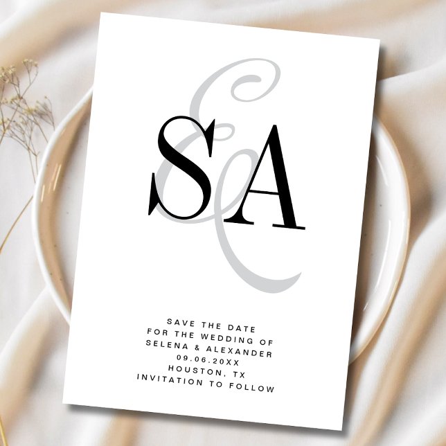 Svartvit Elegant, Monogram Bröllop Spara Datumet (Skapare uppladdad)