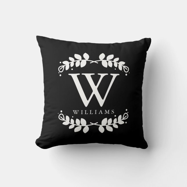 Svartvit Elegant Monogram Kudde (Framsida)