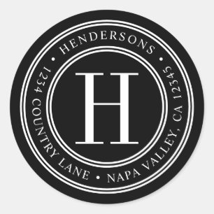 Svartvit Elegant Monogram-Returadress Runt Klistermärke