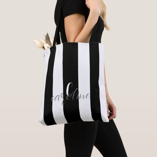 Svartvit Elegant, monogram, stripe, tote Bag Tygkasse (Närbild)