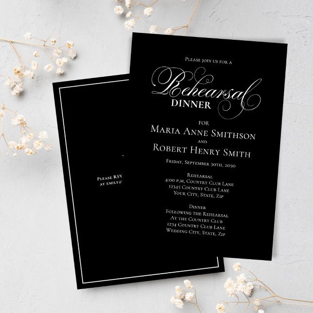 Svartvit Elegant - repetitionsmiddag Inbjudningar (Black and white calligraphy script rehearsal dinner invitation.)