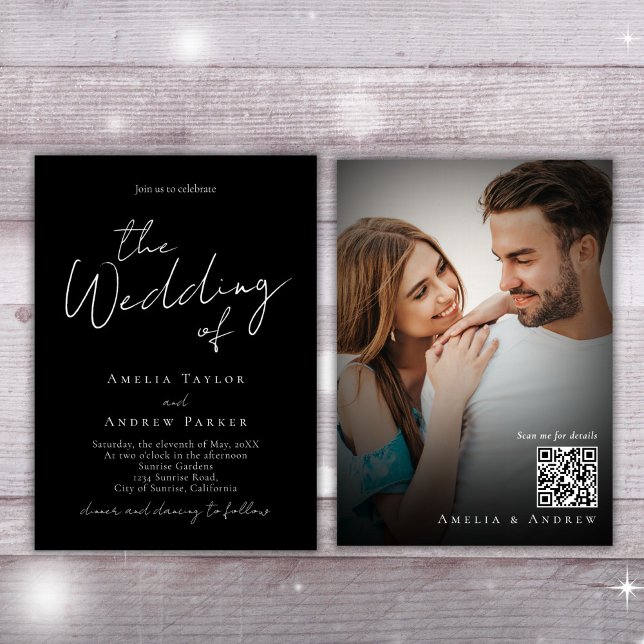 Svartvit Elegant-skript Foto QR-kod Bröllop Inbjudningar (Skapare uppladdad)