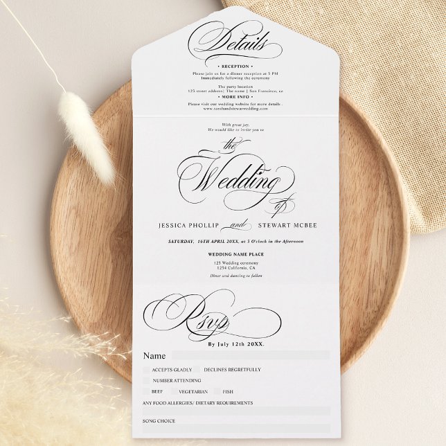 Svartvit elegant-skript, kalligrafi bröllop (Black white elegant script calligraphy wedding all in one invitation)
