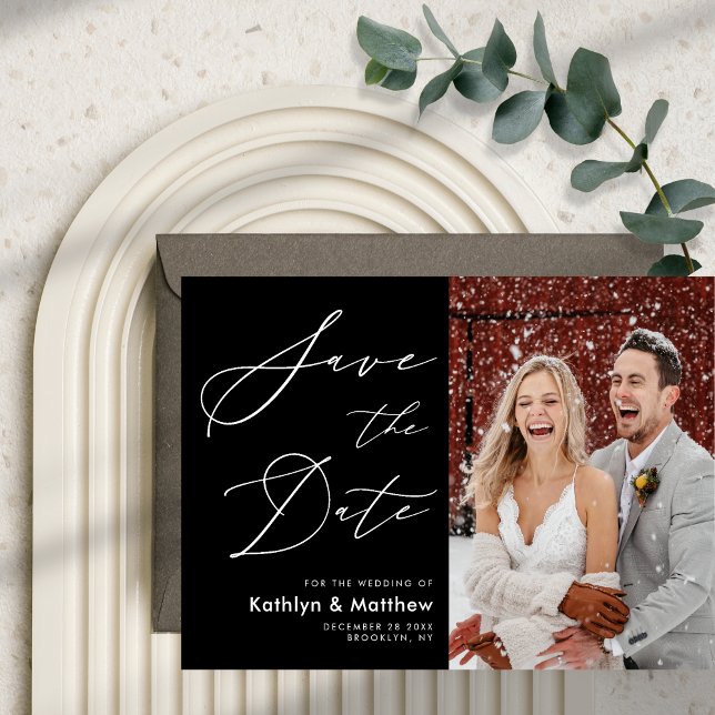Svartvit Elegant Skript Modern Photo Bröllop Spara Datumet (Skapare uppladdad)