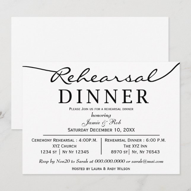 Svartvit Elegant Skriptrepetitionsmiddag Inbjudan (Fram/baksida)