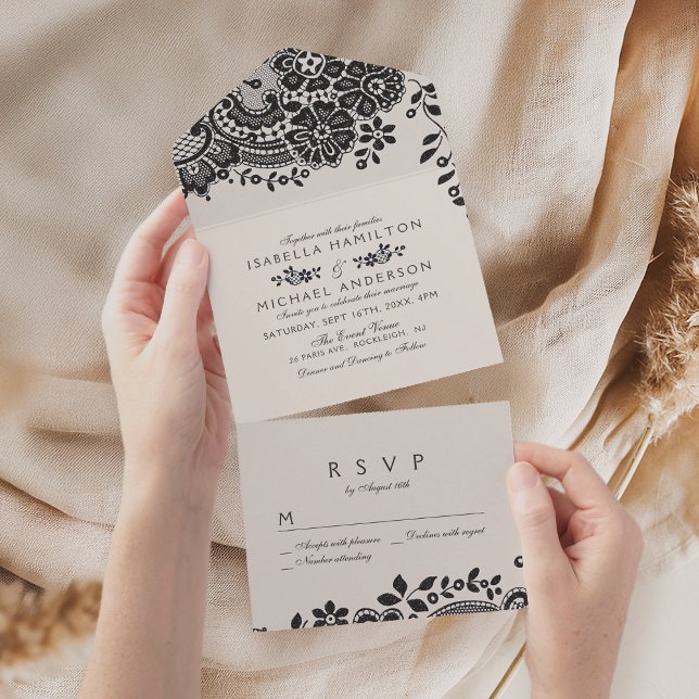 Svartvit elegant vintage snöre bröllop (Black and white elegant vintage lace wedding all in one invitation)