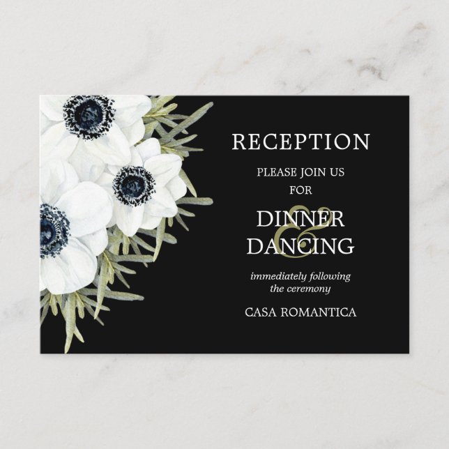 Svartvit emones botaniskt bröllopsmottagning tilläggskort (Framsida)