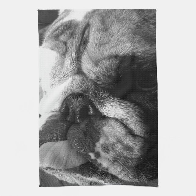 Svartvit engelsk bulldoggvalp kökshandduk (Vertikal)