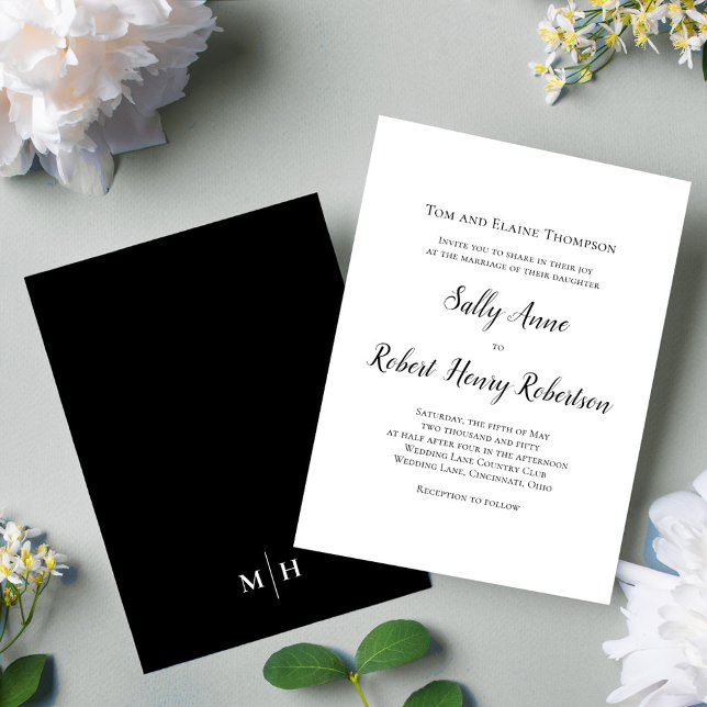 Svartvit enkel Bröllop-Anpassningsbar Inbjudningar (Simple black and white calligraphy script wedding invitation.)