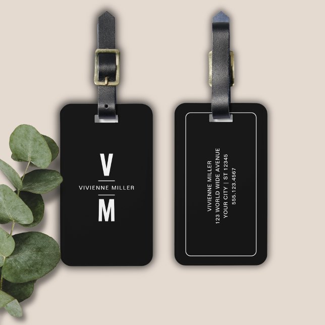 Svartvit, enkel, modern, minimal monogramAnpassnin Bagagebricka (Black White Simple Modern Minimal Monogram Custom Luggage Tag)
