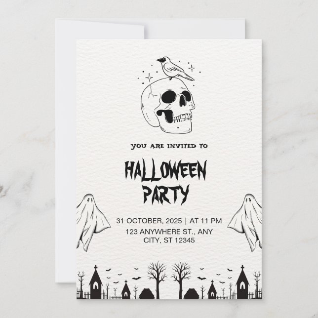 Svartvit enkelt Halloween fest Virtuellt Inbjudningar (Framsida)
