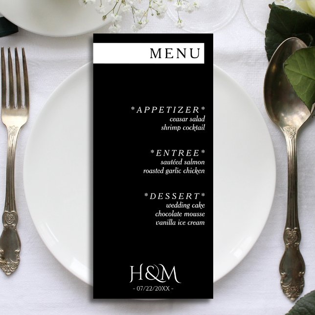Svartvit, enkelt Rand-middagsbröllopsmottagning Meny (black and white wedding menu)