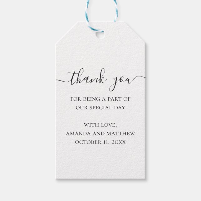 Svartvit, enkelt skript bröllop tack presentetikett (Framsidan)