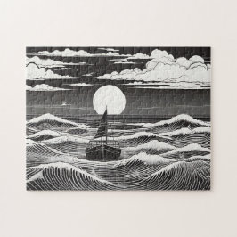 Svartvit, ensam båt på en Stormy Ocean Pussel