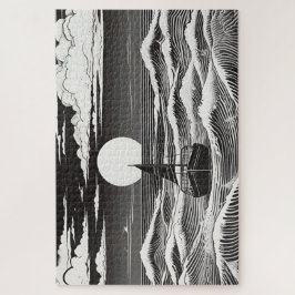 Svartvit, ensam båt på en Stormy Ocean Pussel