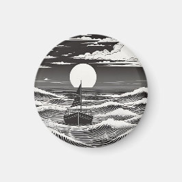 Svartvit, ensam båt vid havet magnet