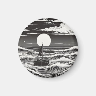 Svartvit, ensam båt vid havet magnet