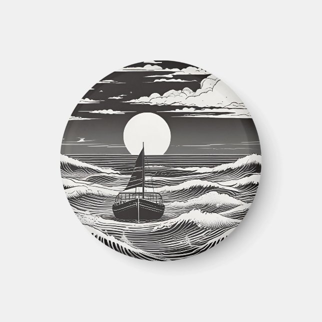 Svartvit, ensam båt vid havet magnet (Framsidan)