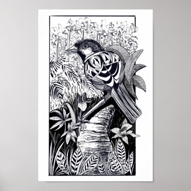 Svartvit fågel bläck teckning poster (Framsidan)