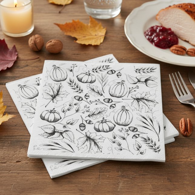 Svartvit Fall Mönster Thanksgiving Party Pappersservett (Elegant Fall Napkins Rustic Fall Harvest Pattern. Modern Black & White Pumpkin Autumn Leaves Berries)