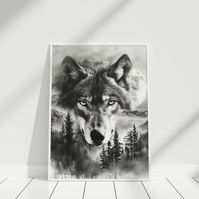 Svartvit Fantasy Varg Mountain Måne Poster (Black and White Fantasy Wolf Mountain Moon Poster in white frame on white wooden floor.)
