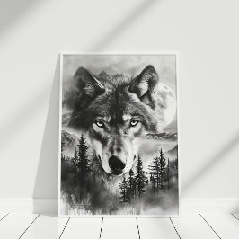Svartvit Fantasy Varg Mountain Måne Poster