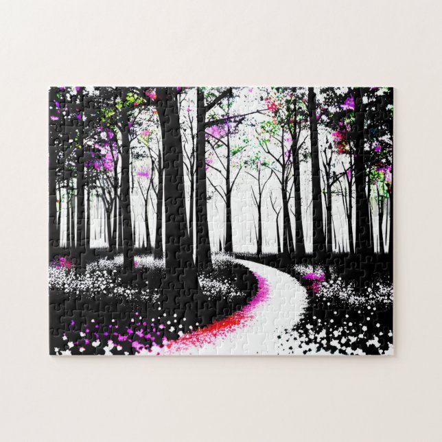 Svartvit färg med Rosa Forest Väg Pussel (Horisontell)