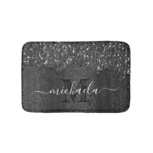 Svartvit faux sparkles rustik wood Monogram Badrumsmatta
