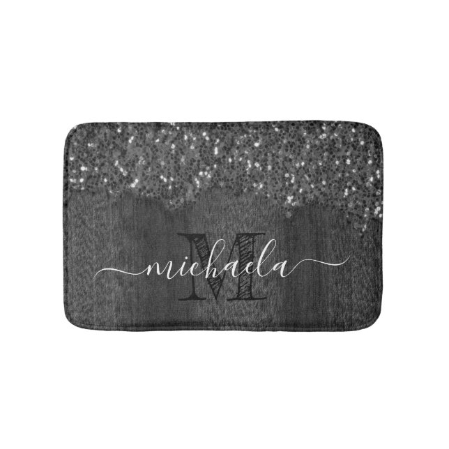 Svartvit faux sparkles rustik wood Monogram Badrumsmatta (Framsidan)