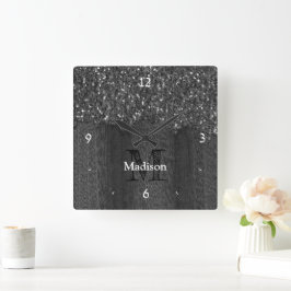 Svartvit faux sparkles rustik wood Monogram Fyrkantig Klocka