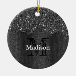 Svartvit faux sparkles rustik wood Monogram Julgransprydnad Keramik