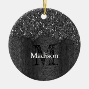 Svartvit faux sparkles rustik wood Monogram Julgransprydnad Keramik