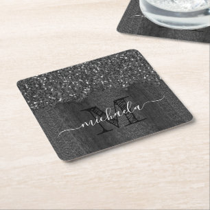 Svartvit faux sparkles rustik wood Monogram Underlägg Papper Kvadrat
