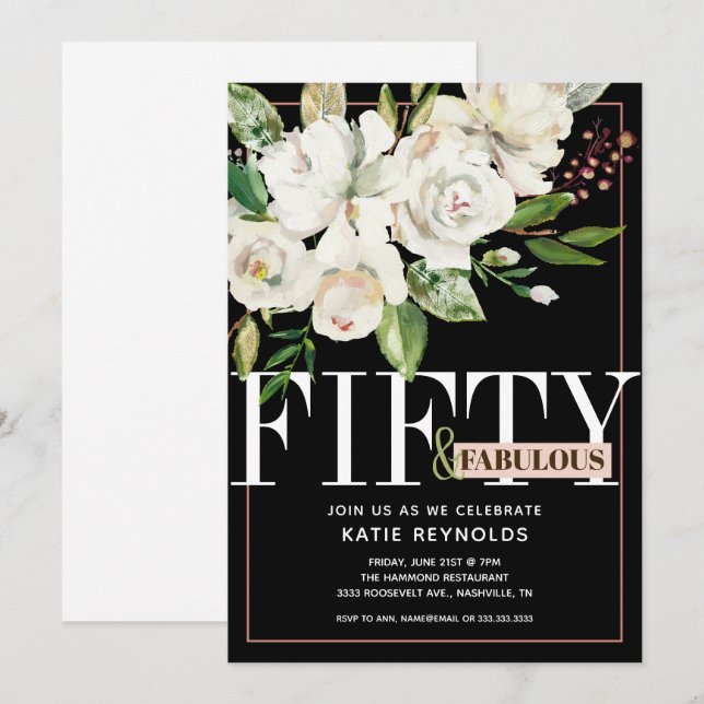 Svartvit, femtio och Fabulous White Blommigt Birth Inbjudningar (Fram/baksida)