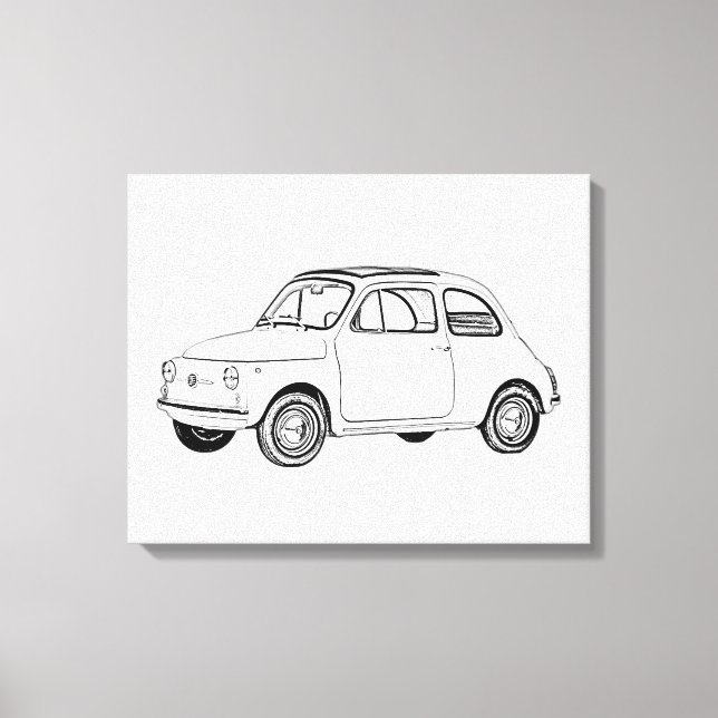 Svartvit Fiat 500 Topolino Teckning Canvastryck (Framsida)
